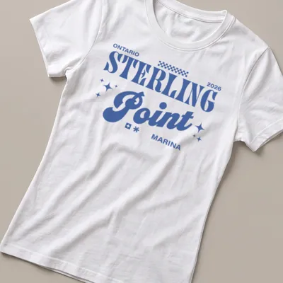 Bold retro design featuring Ontario 2026 Sterling Point Marina text in blue and white — printed on a women's shirt