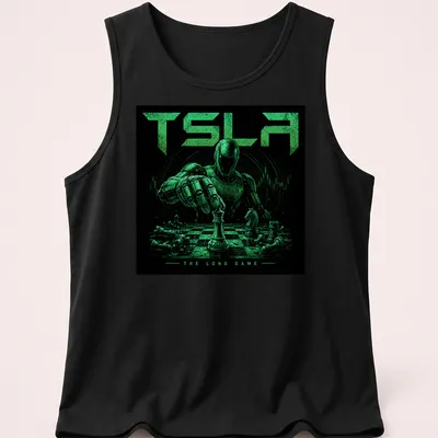 Robot playing chess with text 'TSLA THE LONG GAME' in green and black. — printed on a tank top