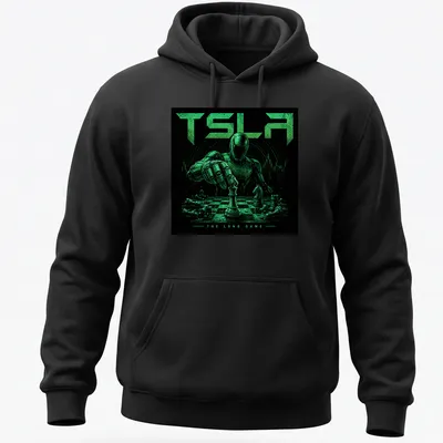 Robot playing chess with text 'TSLA THE LONG GAME' in green and black. — printed on a unisex hoodie