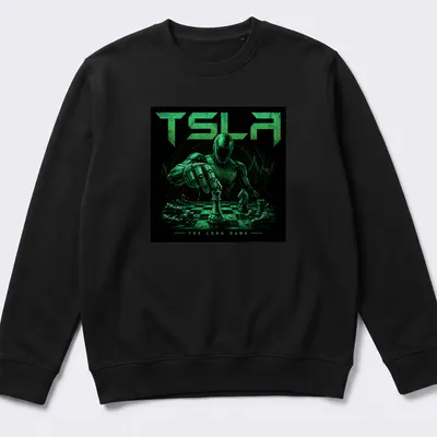 Robot playing chess with text 'TSLA THE LONG GAME' in green and black. — printed on a unisex sweatshirt