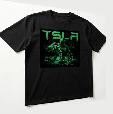 Robot playing chess with text 'TSLA THE LONG GAME' in green and black. — printed on a unisex t-shirt (angled view)