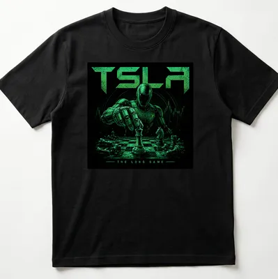 Robot playing chess with text 'TSLA THE LONG GAME' in green and black.