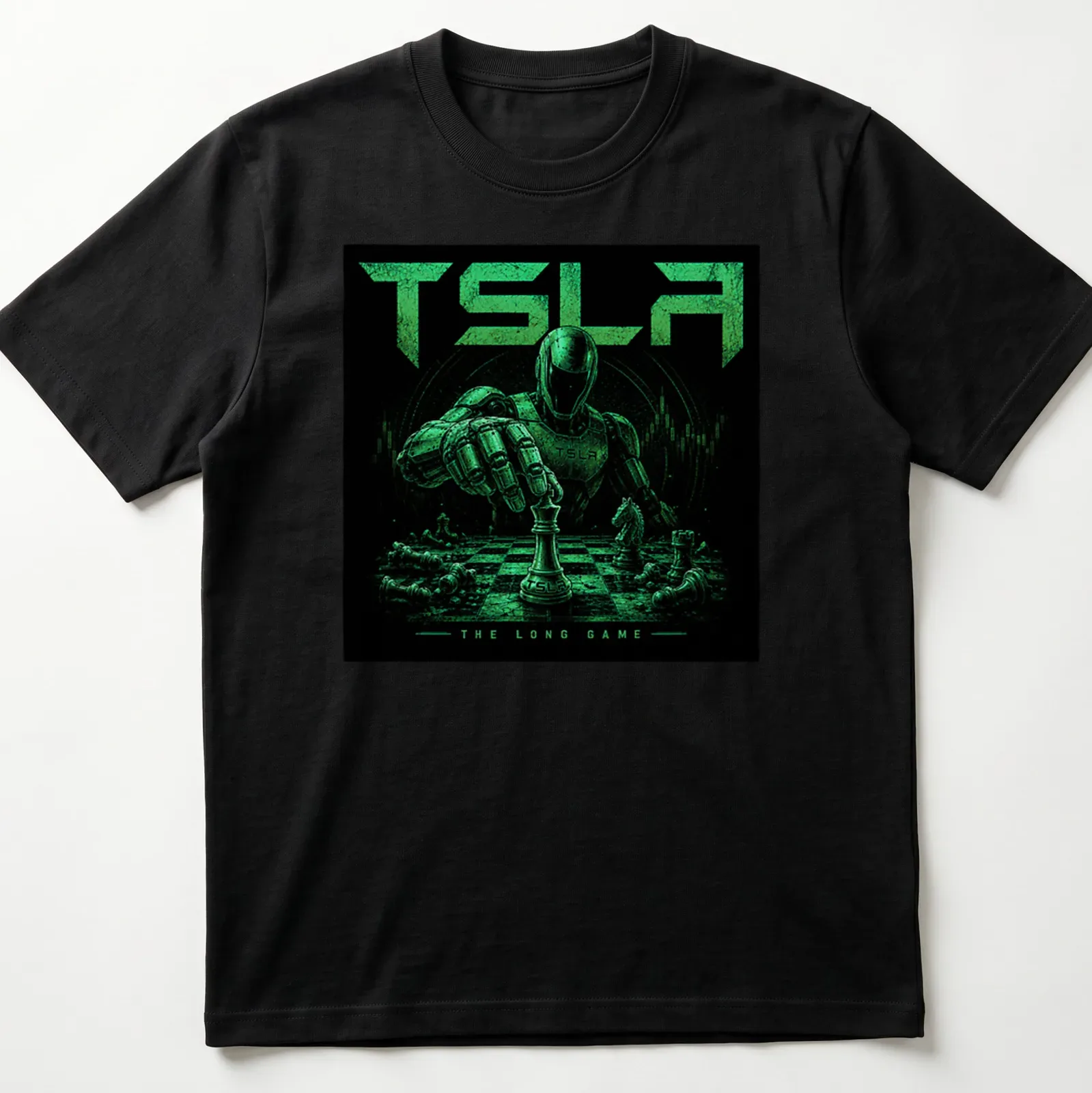 Robot playing chess with text 'TSLA THE LONG GAME' in green and black. — printed on a unisex t-shirt