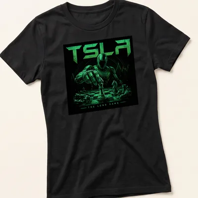 Robot playing chess with text 'TSLA THE LONG GAME' in green and black. — printed on a women's shirt