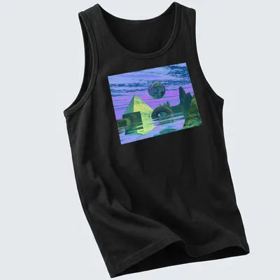 Surreal landscape with pyramids and a sphere in purple, green, blue, and pink — printed on a tank top