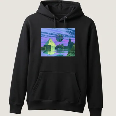 Surreal landscape with pyramids and a sphere in purple, green, blue, and pink — printed on a unisex hoodie