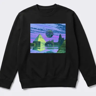 Surreal landscape with pyramids and a sphere in purple, green, blue, and pink — printed on a unisex sweatshirt