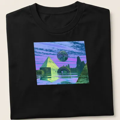 Surreal landscape with pyramids and a sphere in purple, green, blue, and pink