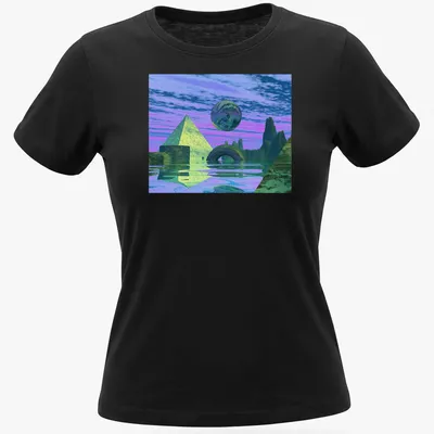 Surreal landscape with pyramids and a sphere in purple, green, blue, and pink — printed on a women's shirt