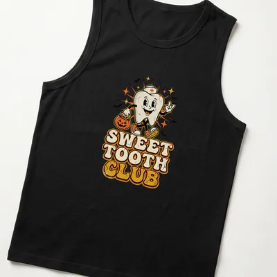 Vintage retro t-shirt with a cartoon tooth and text saying Sweet Tooth Club — printed on a tank top