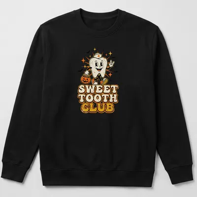 Vintage retro t-shirt with a cartoon tooth and text saying Sweet Tooth Club — printed on a unisex sweatshirt