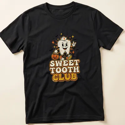 Vintage retro t-shirt with a cartoon tooth and text saying Sweet Tooth Club
