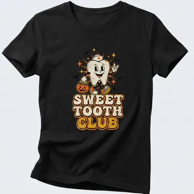 Vintage retro t-shirt with a cartoon tooth and text saying Sweet Tooth Club — printed on a women's shirt