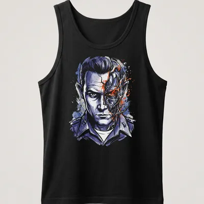 Watercolor print featuring T 1000 Terminator character with vibrant colors — printed on a tank top
