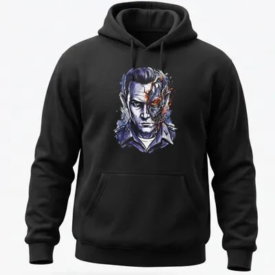Watercolor print featuring T 1000 Terminator character with vibrant colors — printed on a unisex hoodie