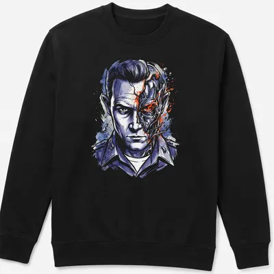 Watercolor print featuring T 1000 Terminator character with vibrant colors — printed on a unisex sweatshirt