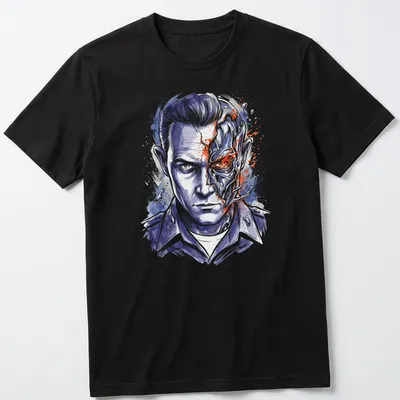 Watercolor print featuring T 1000 Terminator character with vibrant colors