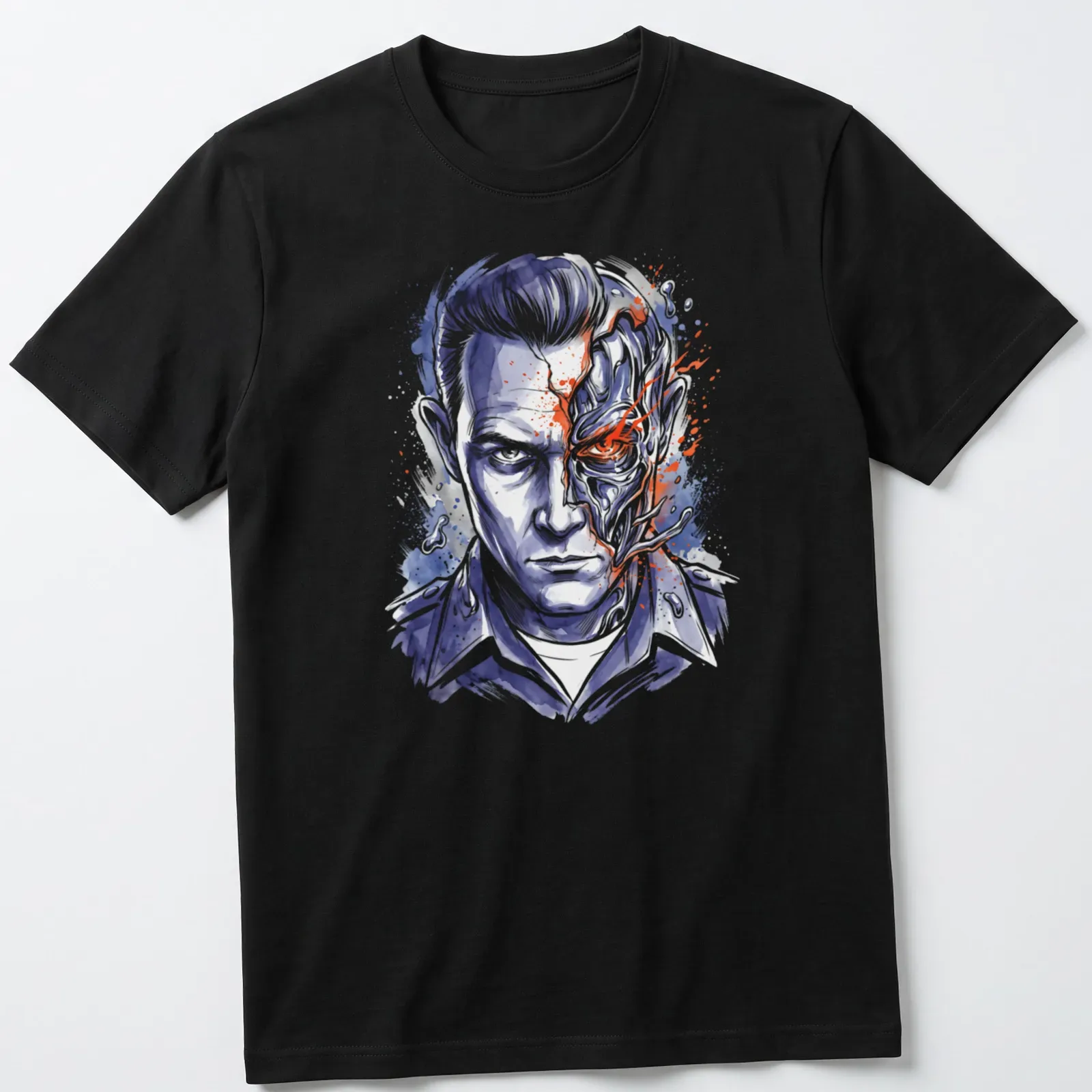 Watercolor print featuring T 1000 Terminator character with vibrant colors — printed on a unisex t-shirt