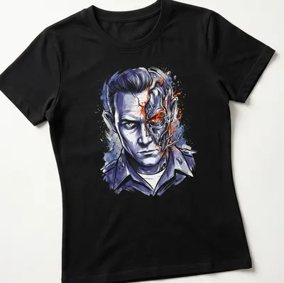 Watercolor print featuring T 1000 Terminator character with vibrant colors — printed on a women's shirt