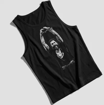 Black and white illustration of a tattoo artist making heart hands gesture — printed on a tank top