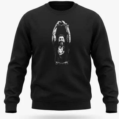 Black and white illustration of a tattoo artist making heart hands gesture — printed on a unisex sweatshirt