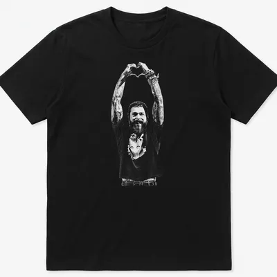 Black and white illustration of a tattoo artist making heart hands gesture — printed on a unisex t-shirt