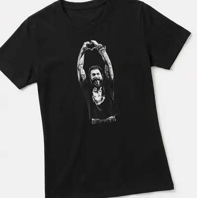 Black and white illustration of a tattoo artist making heart hands gesture — printed on a women's shirt