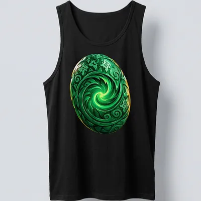 Vibrant detailed print of Te Fiti Heart with green spiral and colorful accents — printed on a tank top