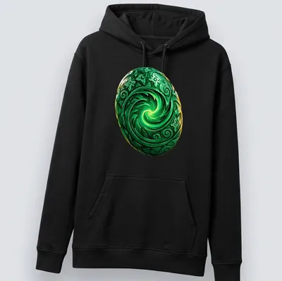 Vibrant detailed print of Te Fiti Heart with green spiral and colorful accents — printed on a unisex hoodie