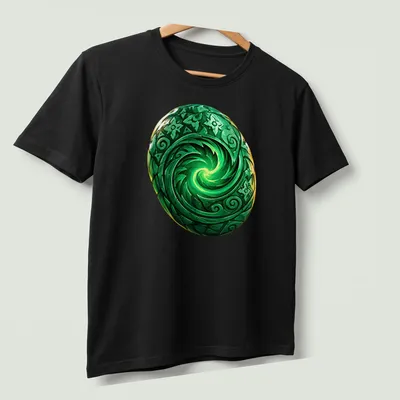 Vibrant detailed print of Te Fiti Heart with green spiral and colorful accents — printed on a unisex t-shirt (angled view)