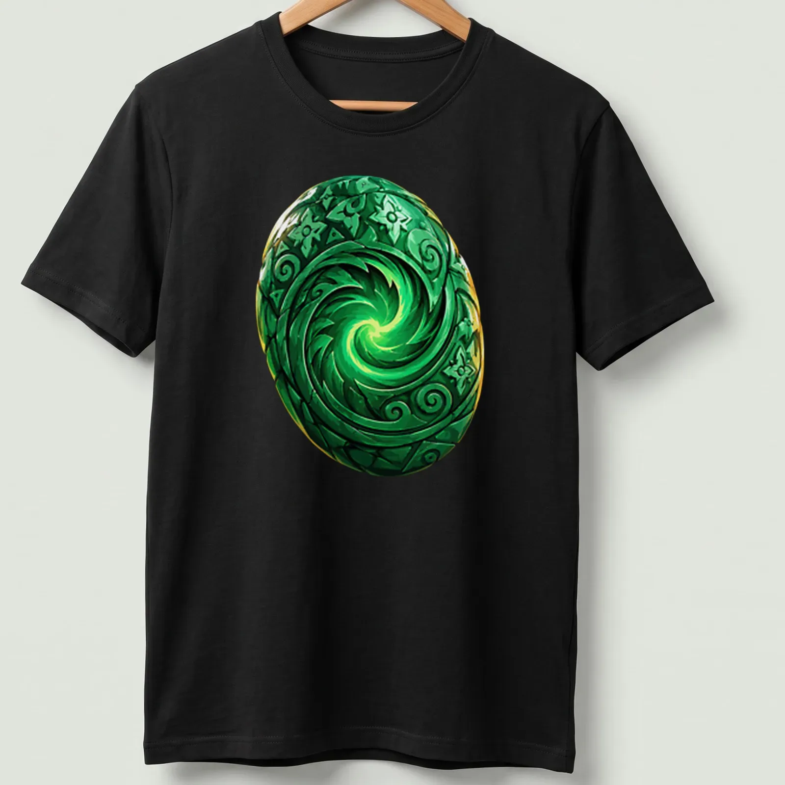 Vibrant detailed print of Te Fiti Heart with green spiral and colorful accents — printed on a unisex t-shirt