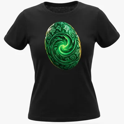 Vibrant detailed print of Te Fiti Heart with green spiral and colorful accents — printed on a women's shirt