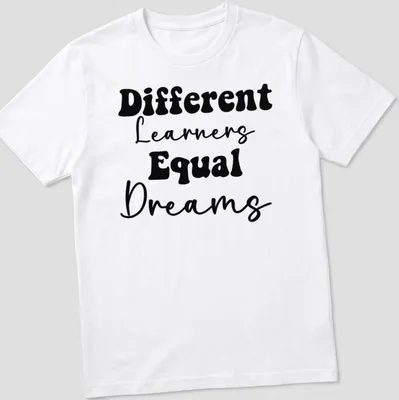 Bold typography Teacher shirt with the phrase Different Learners Equal Dreams printed in black.
