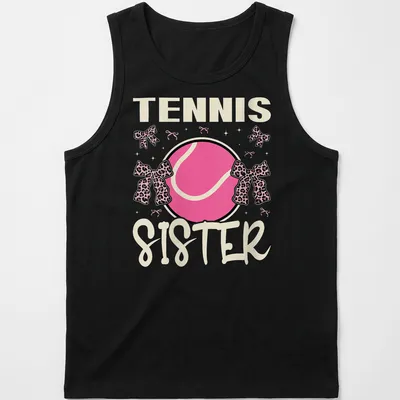 Colorful Tennis Sister t-shirt featuring a tennis ball with a pink bow — printed on a tank top