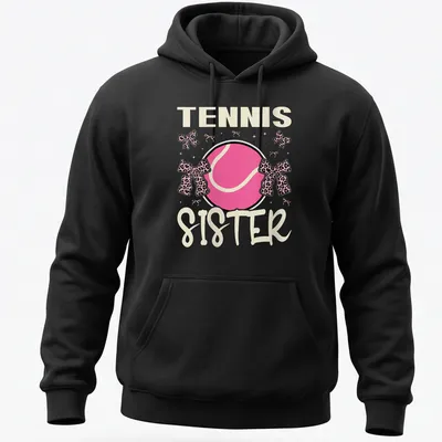 Colorful Tennis Sister t-shirt featuring a tennis ball with a pink bow — printed on a unisex hoodie