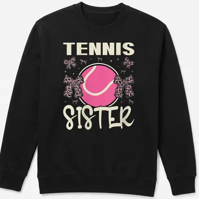 Colorful Tennis Sister t-shirt featuring a tennis ball with a pink bow — printed on a unisex sweatshirt