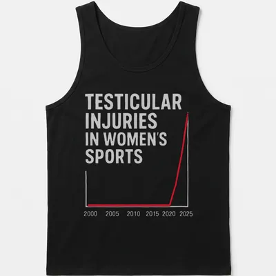 Bold typography T-shirt featuring the phrase 'Testicular Injuries In Women's Sports' in red, gray, and white. — printed on a tank top