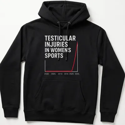 Bold typography T-shirt featuring the phrase 'Testicular Injuries In Women's Sports' in red, gray, and white. — printed on a unisex hoodie