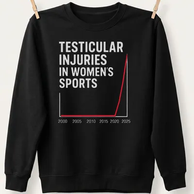 Bold typography T-shirt featuring the phrase 'Testicular Injuries In Women's Sports' in red, gray, and white. — printed on a unisex sweatshirt