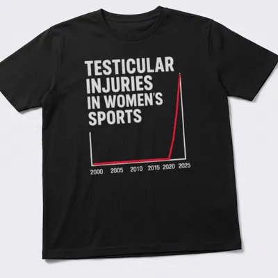 Bold typography T-shirt featuring the phrase 'Testicular Injuries In Women's Sports' in red, gray, and white.
