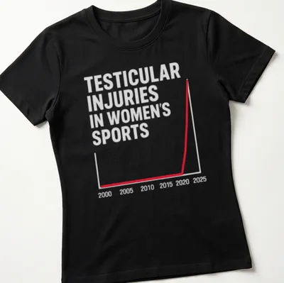 Bold typography T-shirt featuring the phrase 'Testicular Injuries In Women's Sports' in red, gray, and white. — printed on a women's shirt