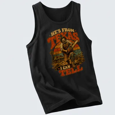 Vintage horror T-shirt featuring a skeleton with a chainsaw and Texas-themed text — printed on a tank top