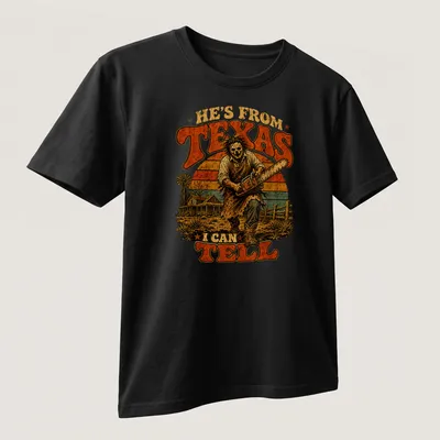 Vintage horror T-shirt featuring a skeleton with a chainsaw and Texas-themed text — printed on a unisex t-shirt (angled view)