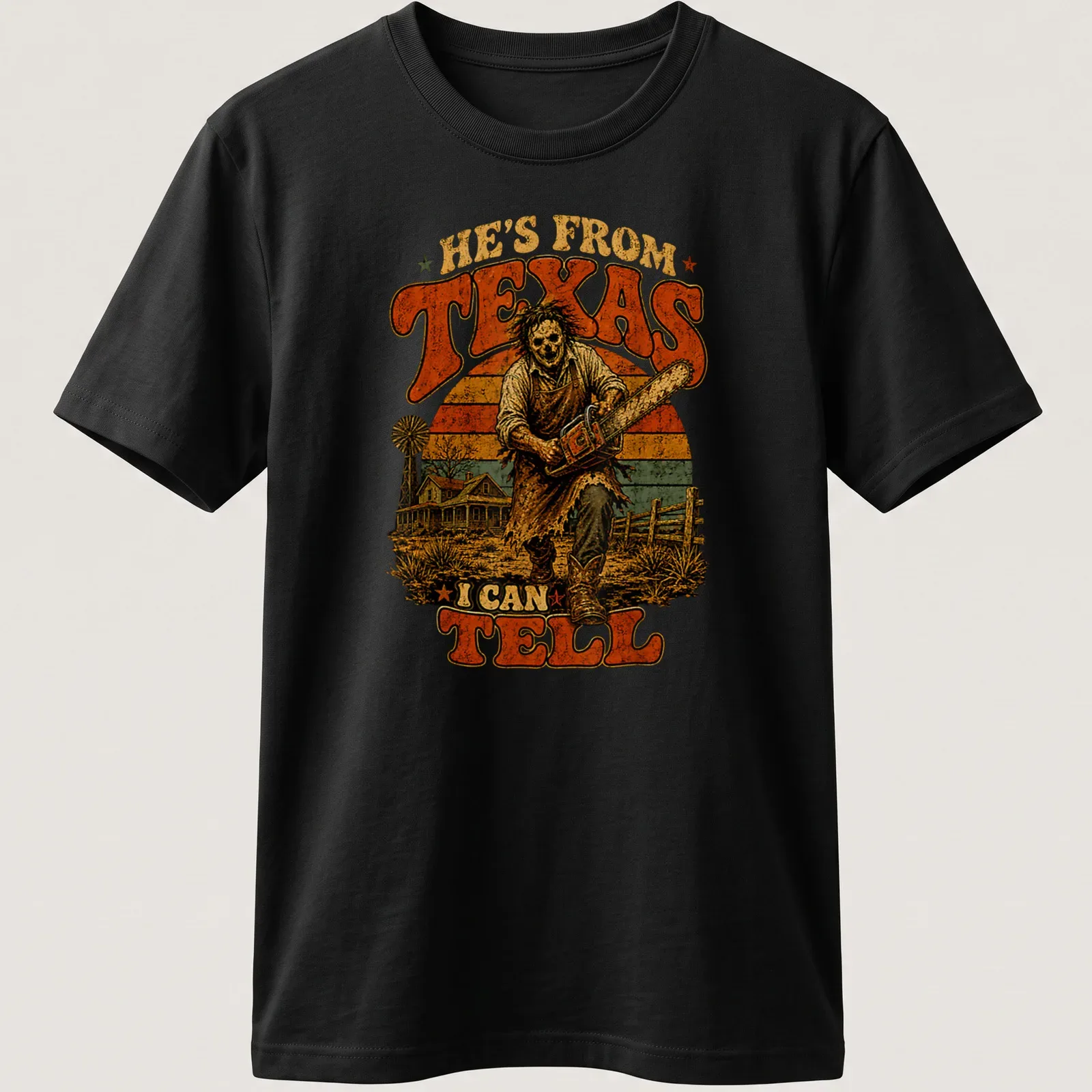 Vintage horror T-shirt featuring a skeleton with a chainsaw and Texas-themed text — printed on a unisex t-shirt