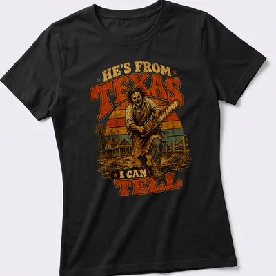 Vintage horror T-shirt featuring a skeleton with a chainsaw and Texas-themed text — printed on a women's shirt