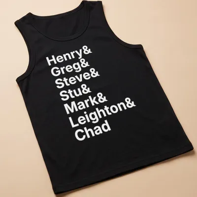 Simple text design featuring the names of boys in white. — printed on a tank top