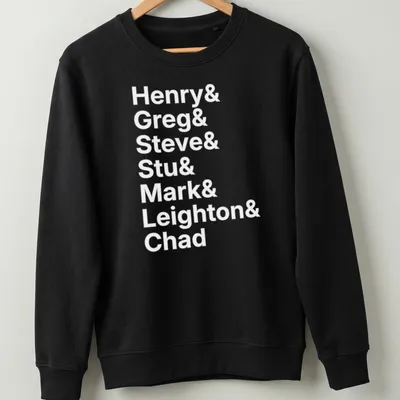 Simple text design featuring the names of boys in white. — printed on a unisex sweatshirt
