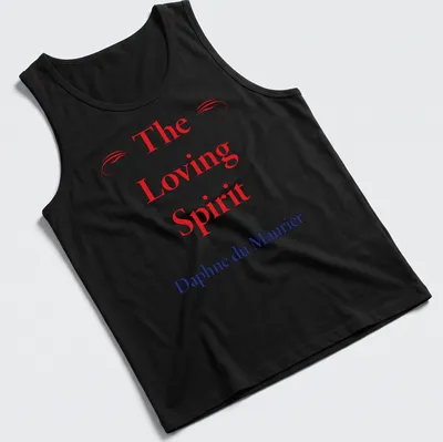 T-shirt featuring the name 'The Loving Spirit Daphne du Maurier' in red, blue, and white typography. — printed on a tank top