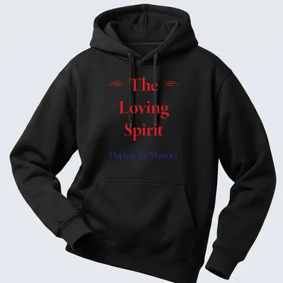 T-shirt featuring the name 'The Loving Spirit Daphne du Maurier' in red, blue, and white typography. — printed on a unisex hoodie
