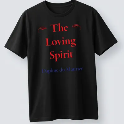 T-shirt featuring the name 'The Loving Spirit Daphne du Maurier' in red, blue, and white typography. — printed on a unisex t-shirt